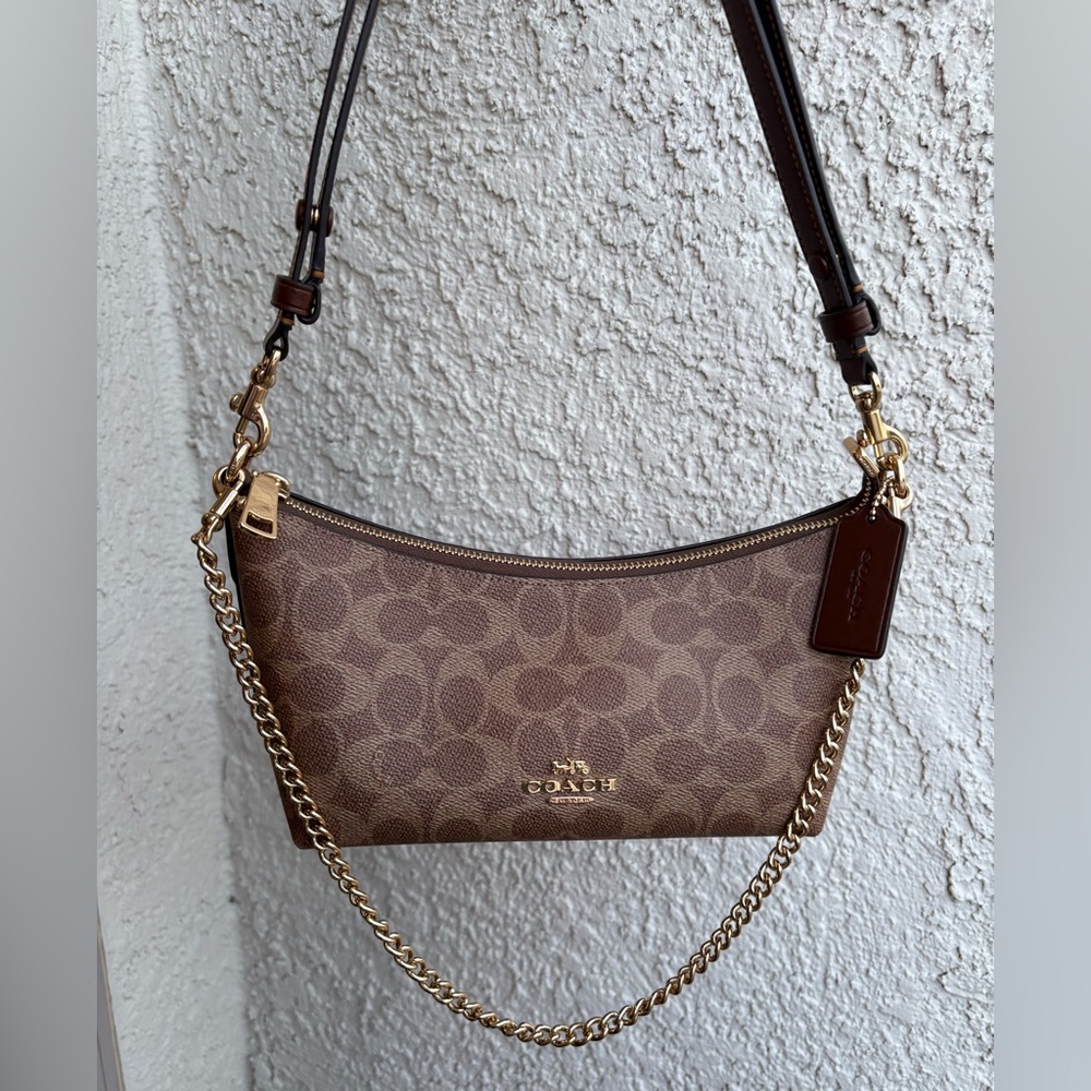 Coach Caitlin Brown Signature Canvas Shoulder Bag with Gold Chain Accent